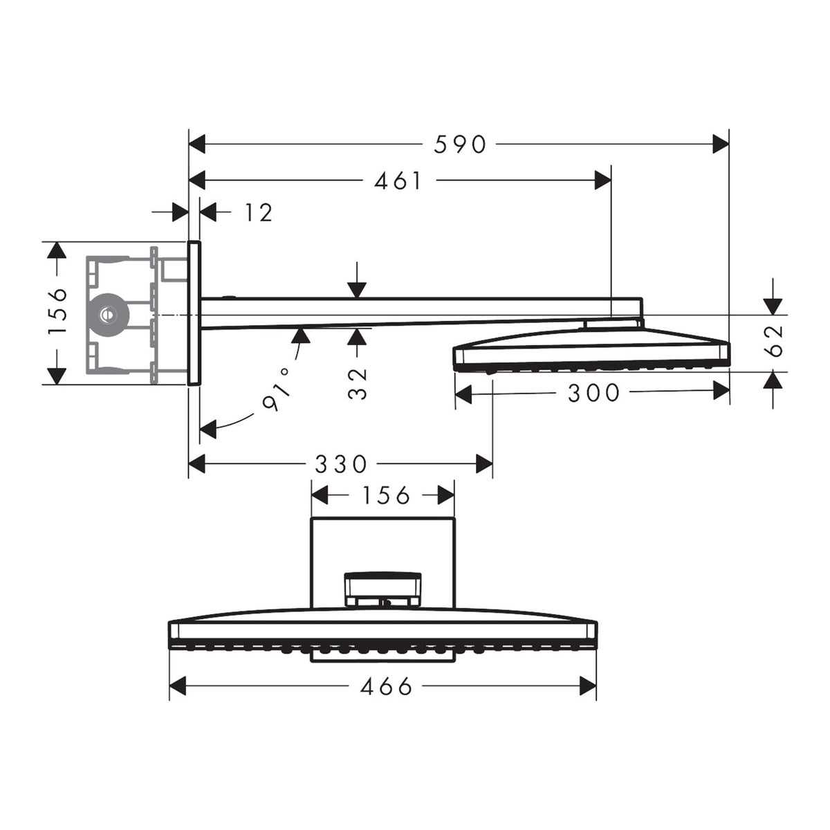 Hansgrohe Rainmaker Select Overhead shower 460 2jet with shower arm 24005400 technical 01.jpg