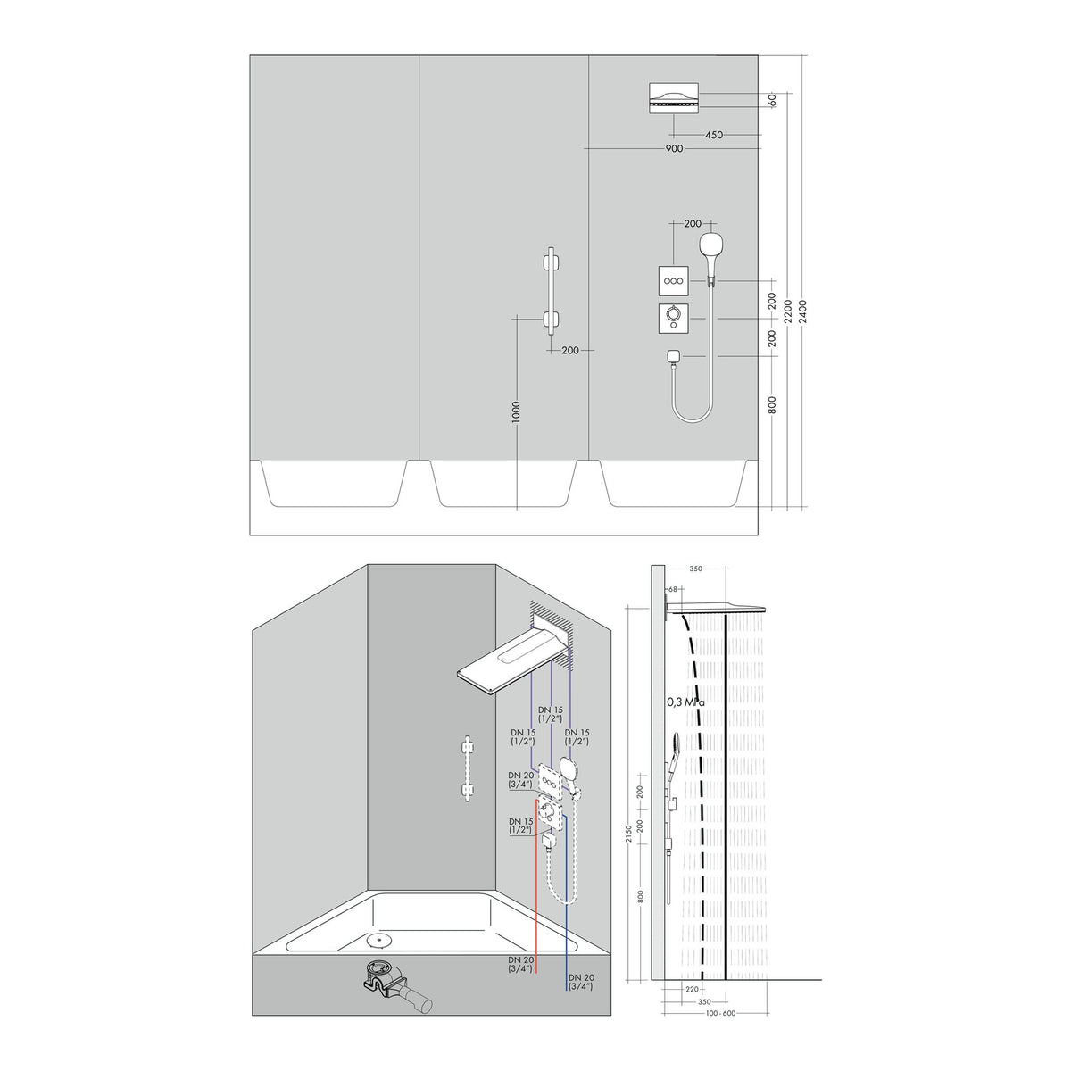 Hansgrohe Rainmaker Select Overhead shower 580 3jet EcoSmart with wall connector 24011400 technical 02.jpg