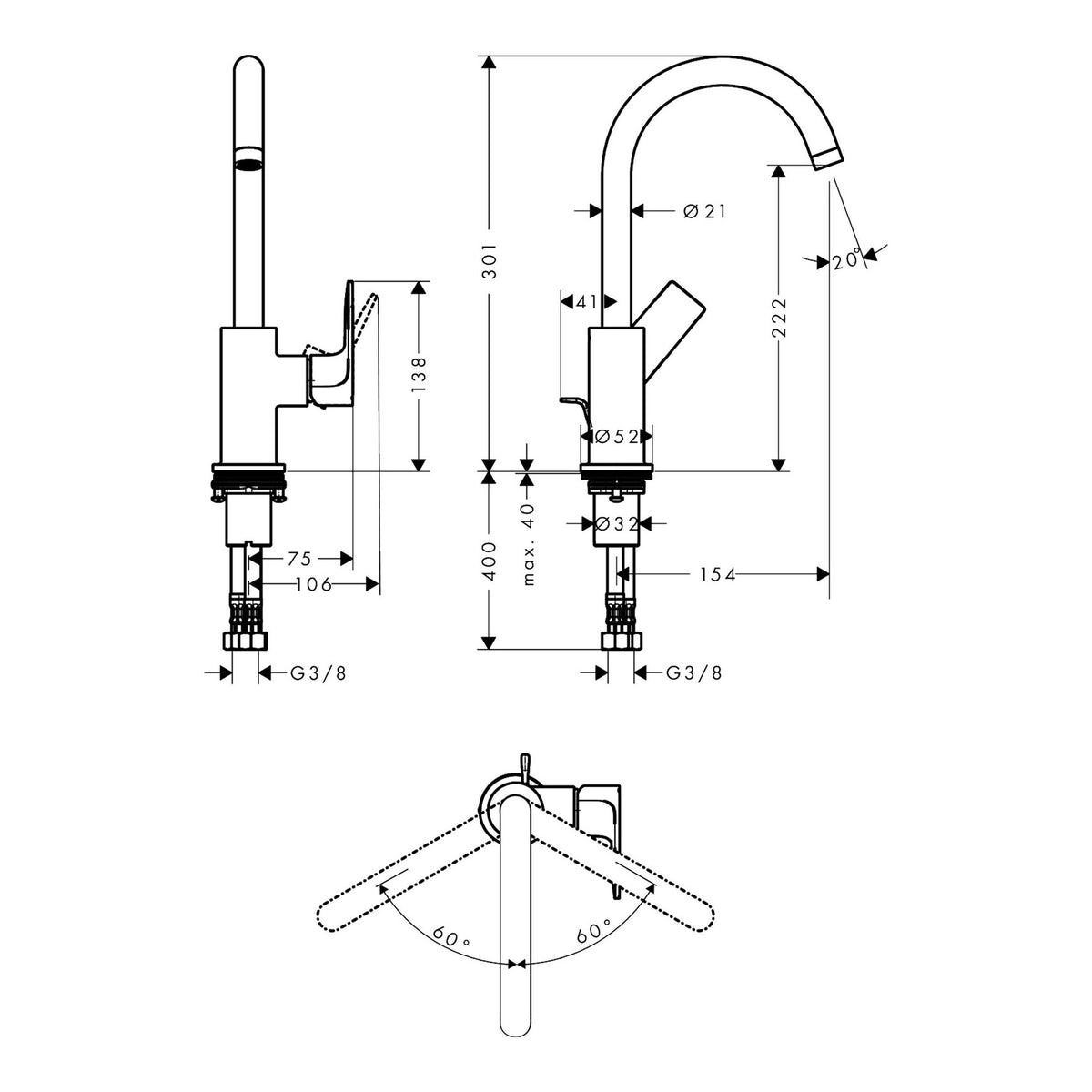 Hansgrohe Rebris E Single lever basin mixer 210 with swivel spout and pop up waste set 72576000 technical 01