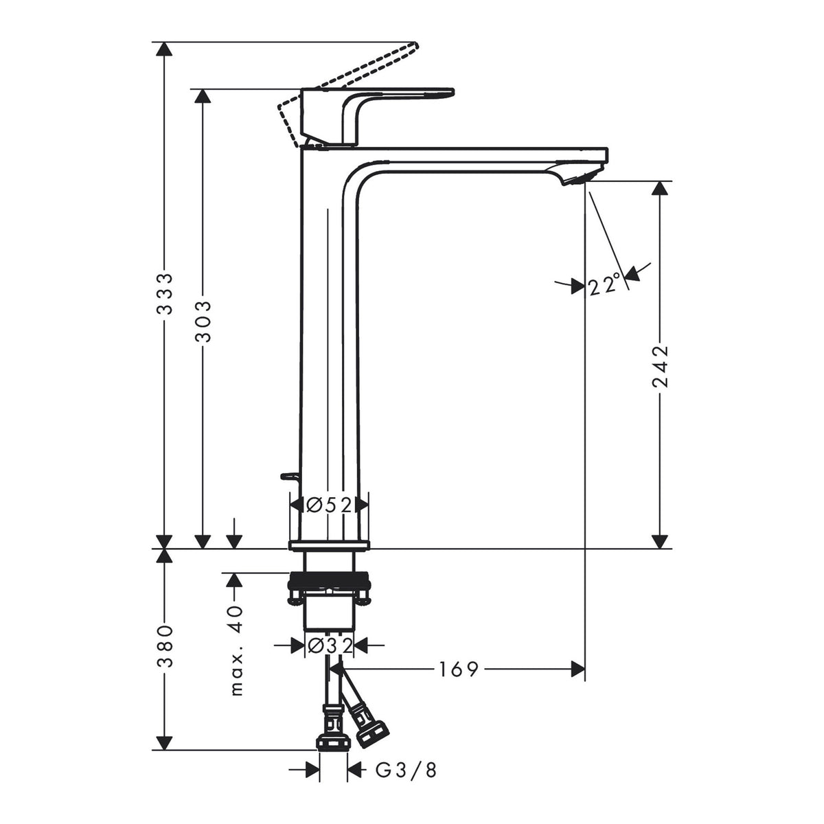 Hansgrohe Rebris E Single lever basin mixer 240 CoolStart for wash bowls with pop up waste set 72581000 technical 01