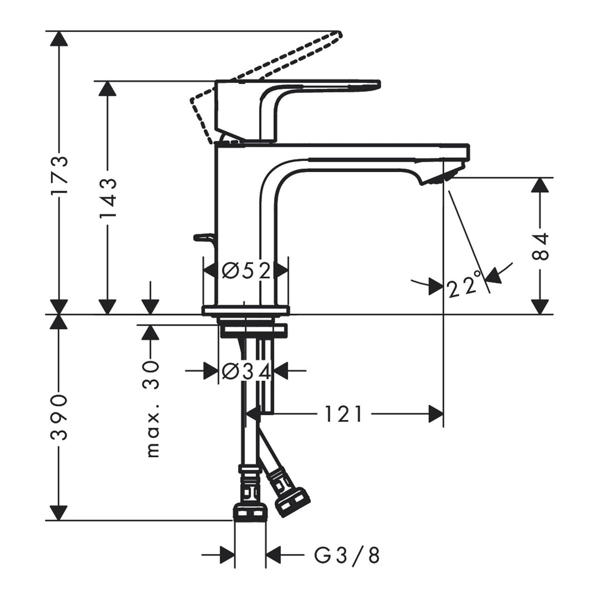 Hansgrohe Rebris E Single lever basin mixer 80 with pop up waste set 72550000 technical 01