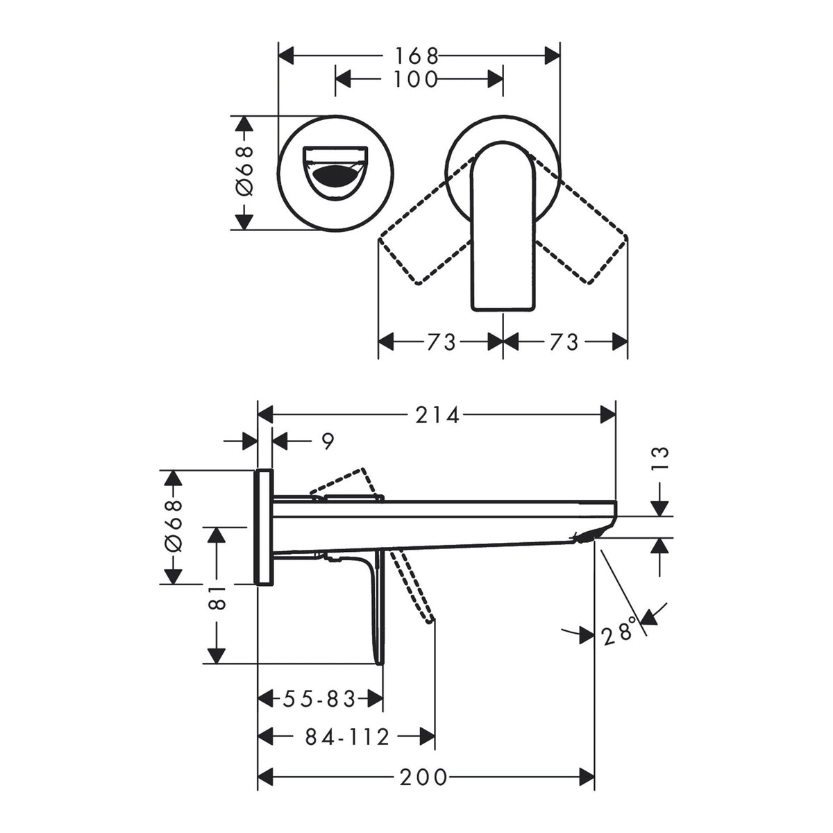 Hansgrohe Rebris E Single lever basin mixer for concealed installation wall mounted with spout 20 cm 72568000 technical 01