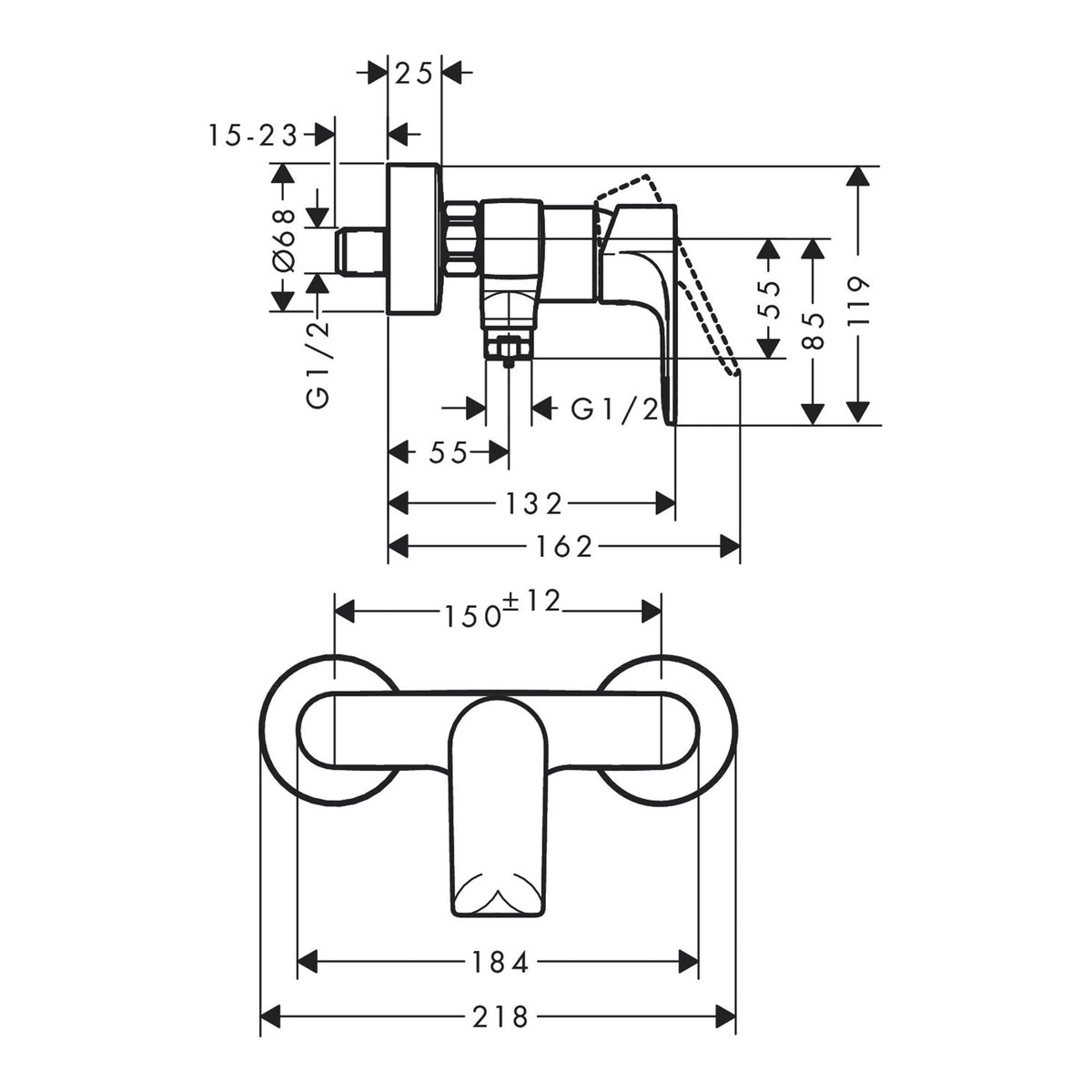 Hansgrohe Rebris E Single lever shower mixer for exposed installation 72650000 technical 01