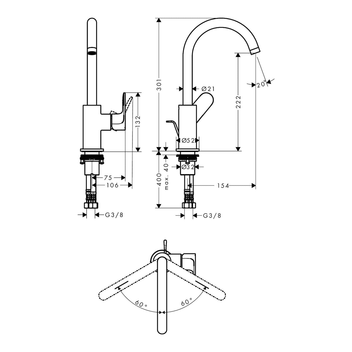 Hansgrohe Rebris S Single lever basin mixer 210 with swivel spout and pop up waste set 72536000 technical 01