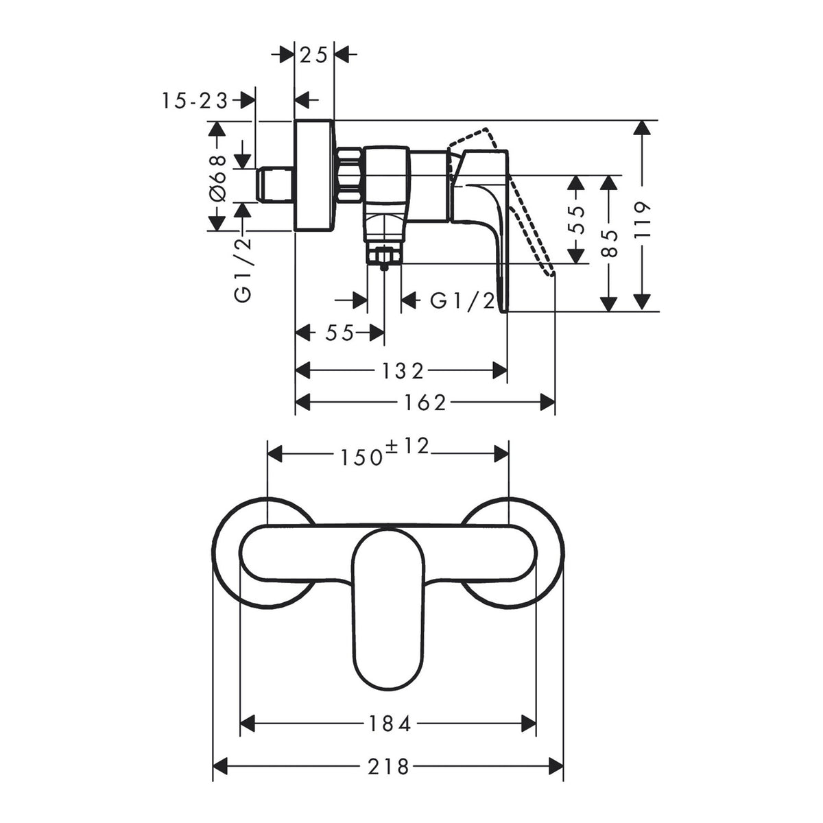 Hansgrohe Rebris S Single lever shower mixer for exposed installation 72640000 technical 01