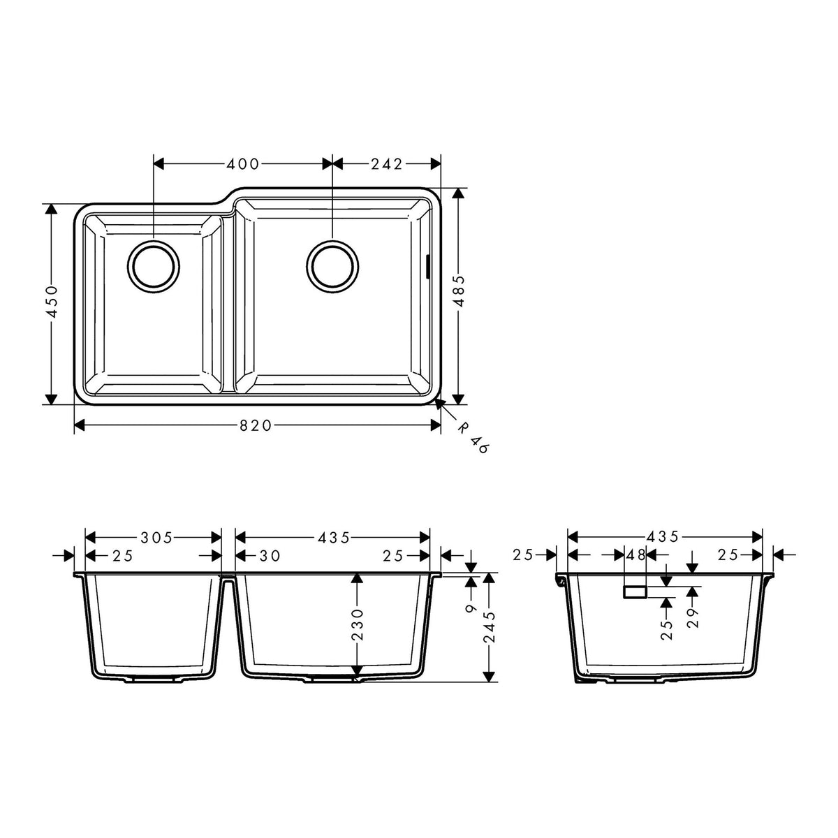 Hansgrohe S51 S510 U760 Under mount sink 305 435 43436170 technical 01.jpg
