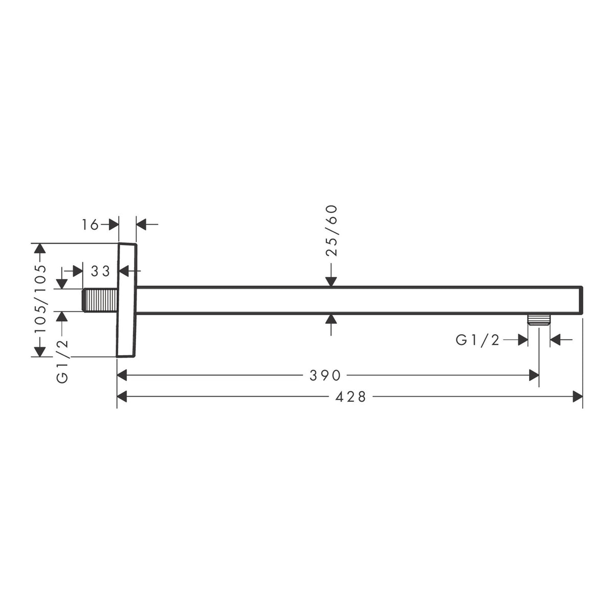 Hansgrohe Shower arm E 39 cm with rectangular shaft 27694000 technical 01.jpg