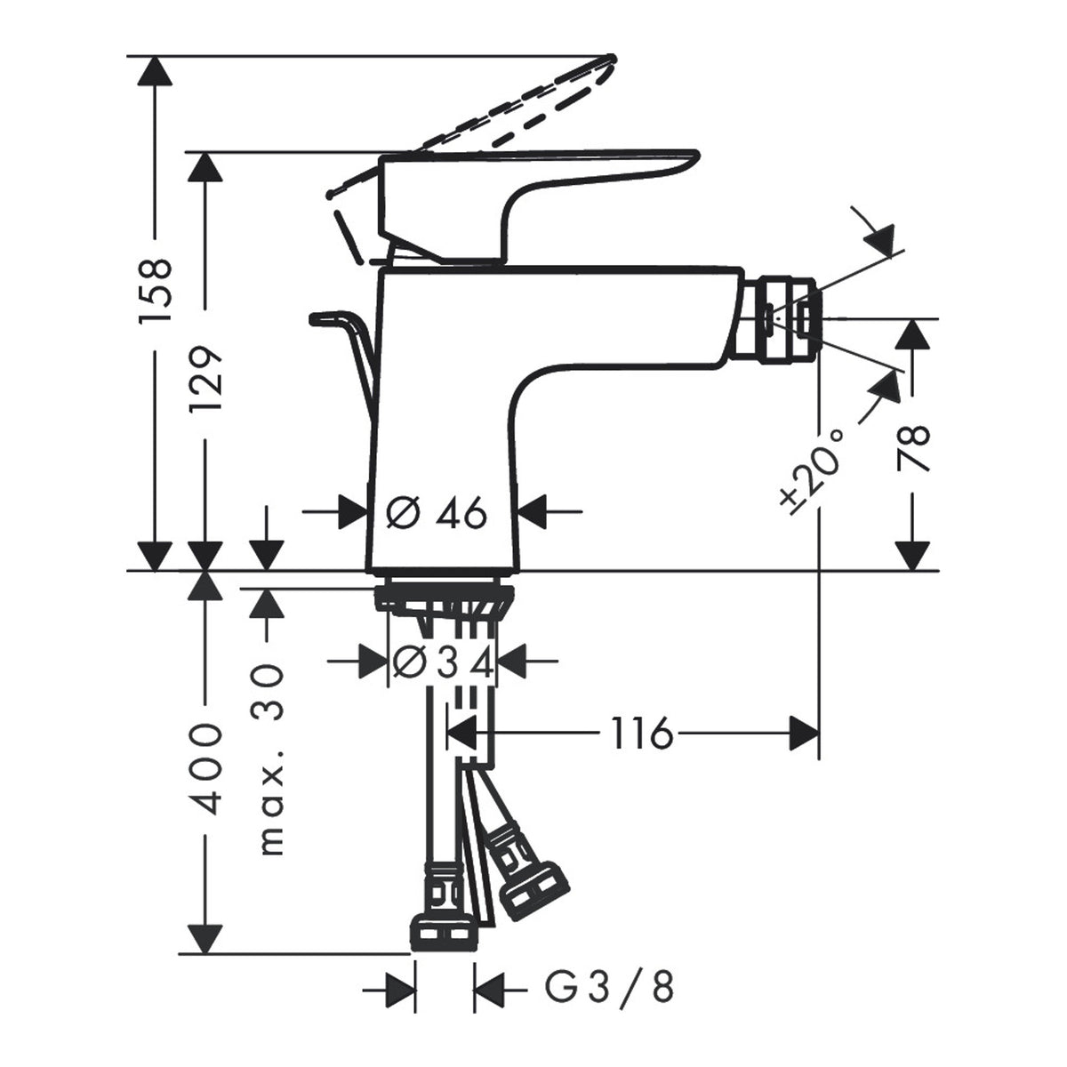 Hansgrohe Talis E Single lever bidet mixer with pop up waste set 71720000 technical 02.jpg