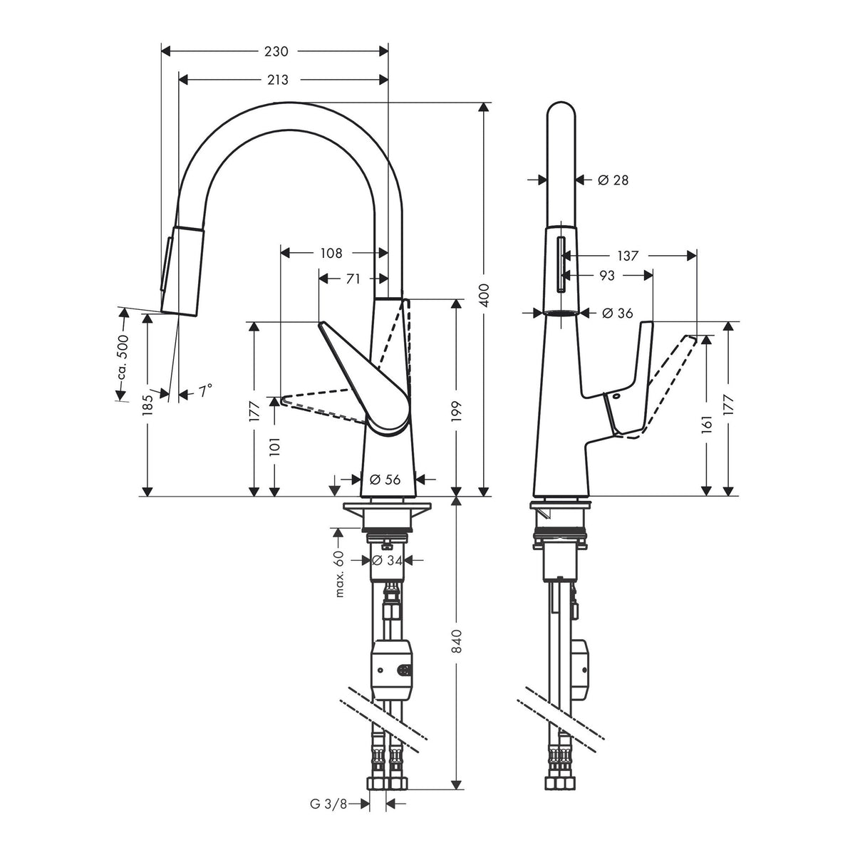 Hansgrohe Talis M51 Single lever kitchen mixer 200 pull out spray 2jet 72813000 technical 01