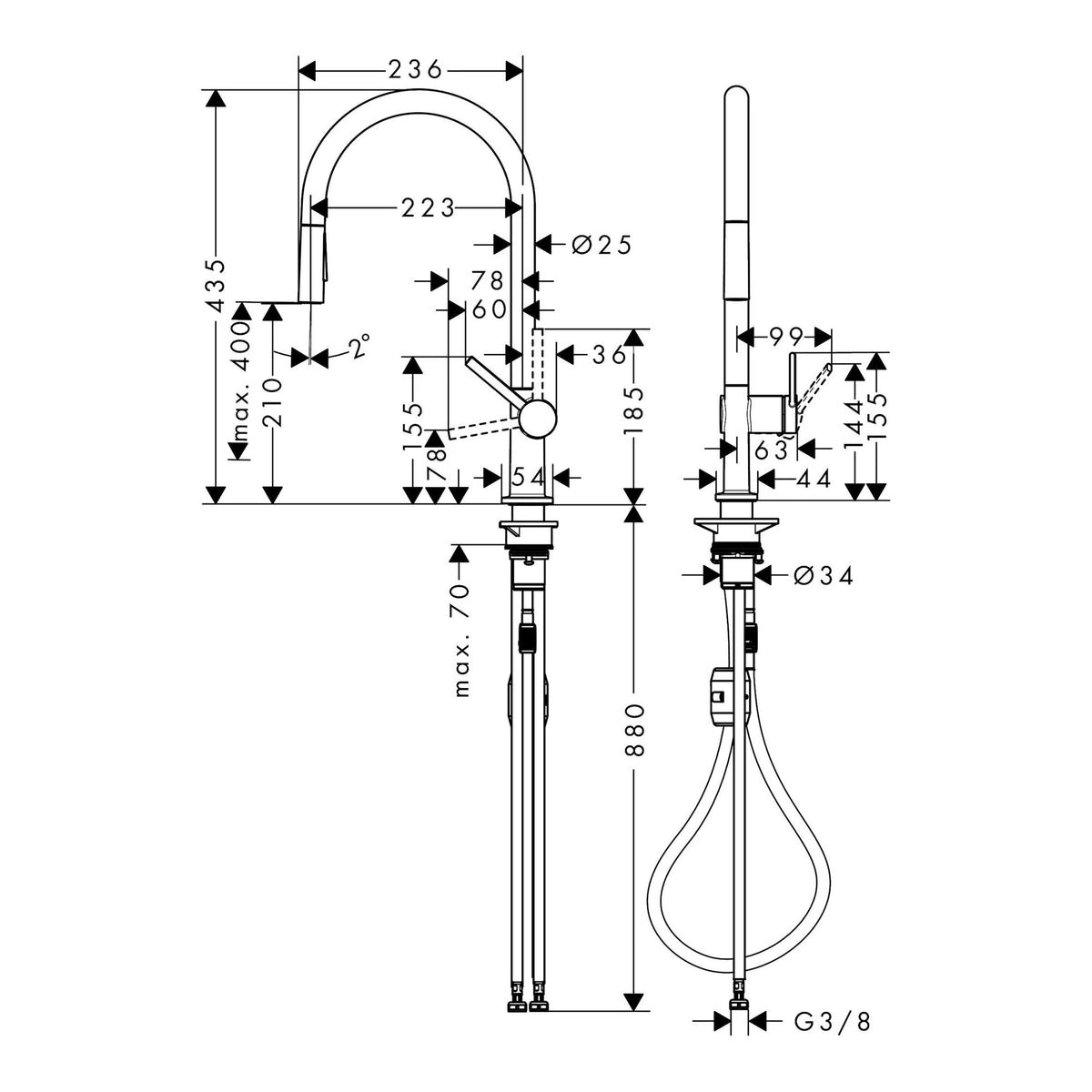 Hansgrohe Talis M54 Single lever kitchen mixer 210 pull out spray 2jet 72800000 technical 01