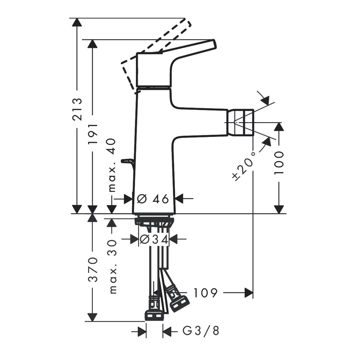 Hansgrohe Talis S Single lever bidet mixer with pop-up waste set Scale drawing / שרטוט מידות