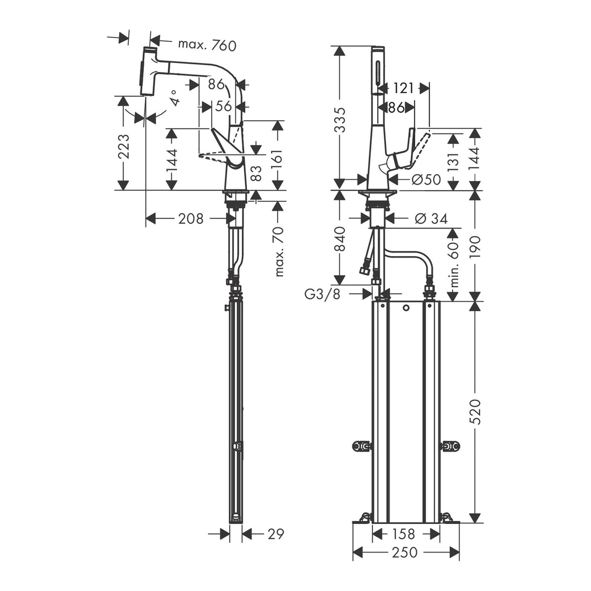 Hansgrohe Talis Select M51 Single lever kitchen mixer 220 pull out spray 2jet sBox 73868000 technical 01.jpg