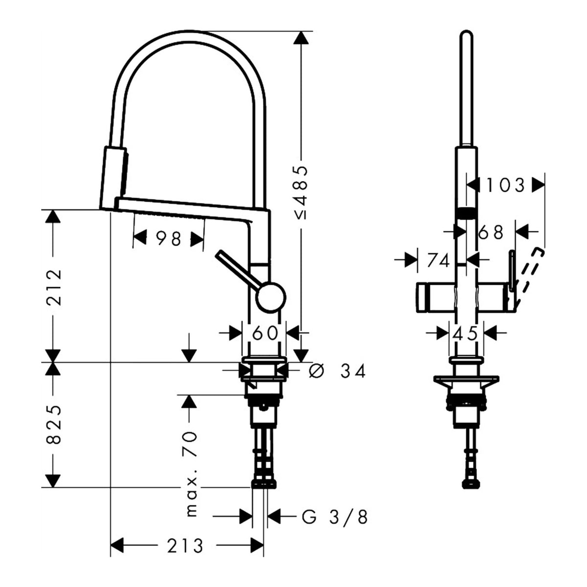 Hansgrohe Talis Select M54 PowderSpray Single lever kitchen mixer Semi Pro 3jet 72861000 technical 01.jpg