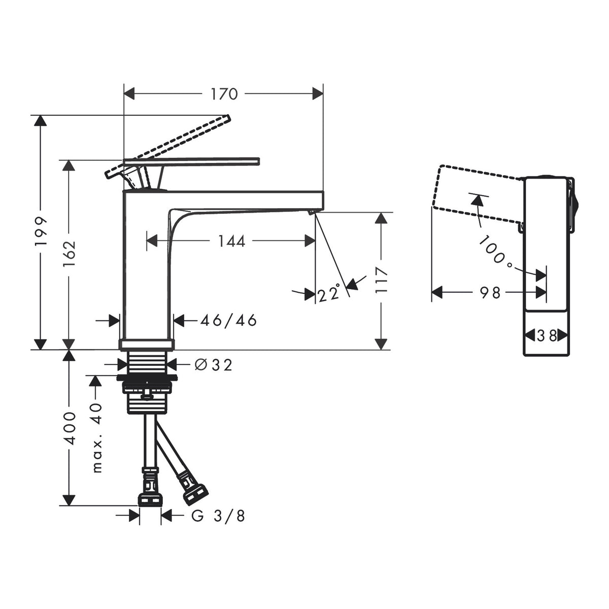 Hansgrohe Tecturis E Single lever basin mixer 110 CoolStart without waste set 73016000 technical 01.jpg