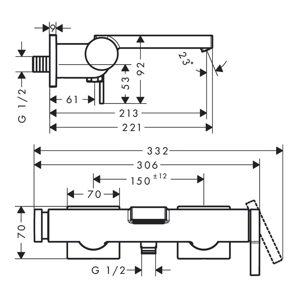 Hansgrohe Tecturis E Single lever bath mixer for exposed installation Scale drawing / שרטוט מידות
