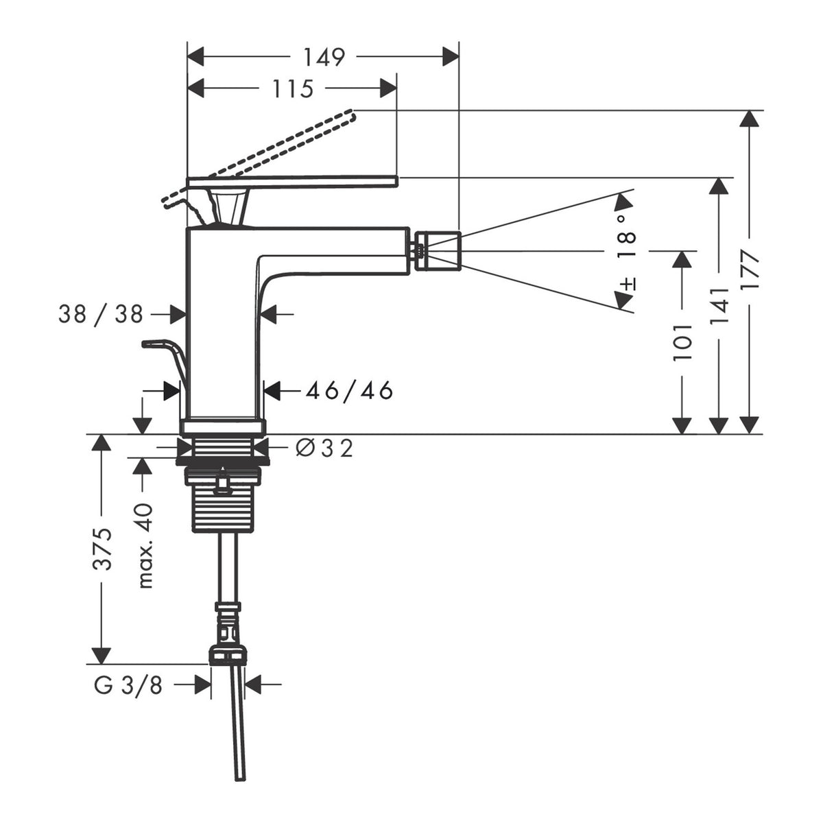 Hansgrohe Tecturis E Single lever bidet mixer with pop up waste set 73200140 technical 01.jpg
