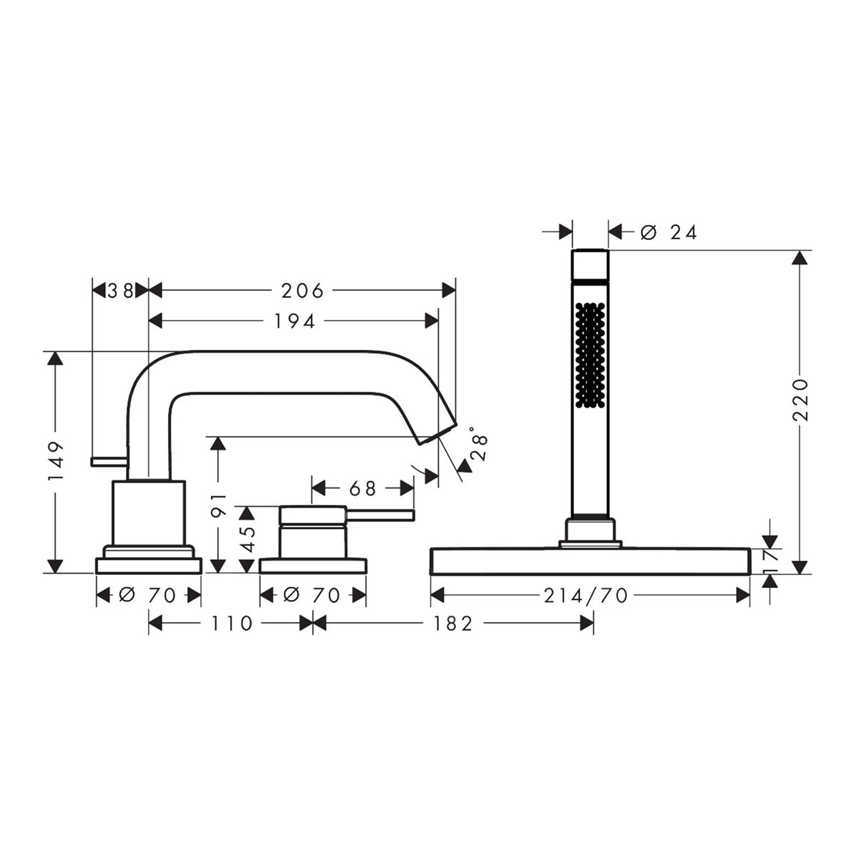 Hansgrohe Tecturis S 3 hole rim mounted single lever bath mixer with sBox 73447140 technical 01.jpg