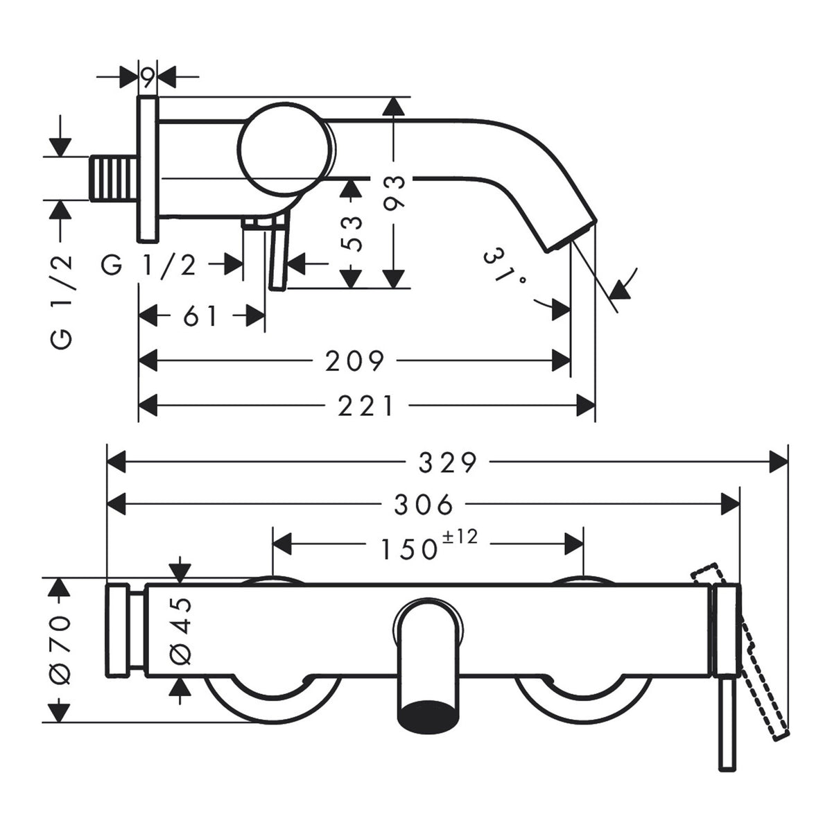 Hansgrohe Tecturis S Single lever bath mixer for exposed installation 73422140 technical 01.jpg