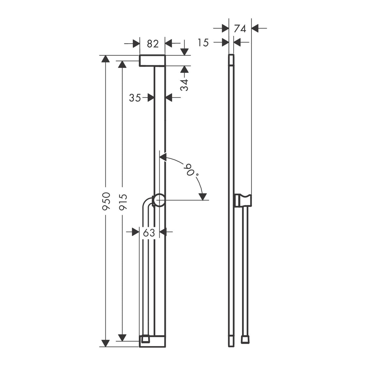 Hansgrohe Unica Shower bar E Puro 90 cm with easy slide hand shower holder and Isiflex shower hose 160 cm 24403140 technical 01.jpg