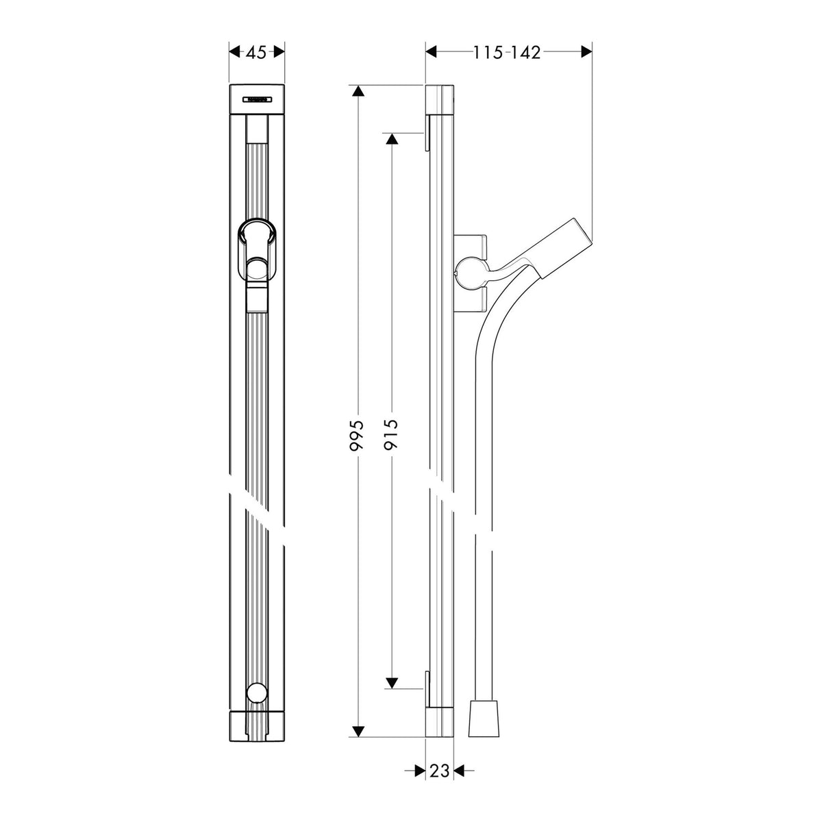 Hansgrohe Unica Shower bar Raindance 90 cm with Isiflex shower hose 160 cm 27636000 technical 01.jpg