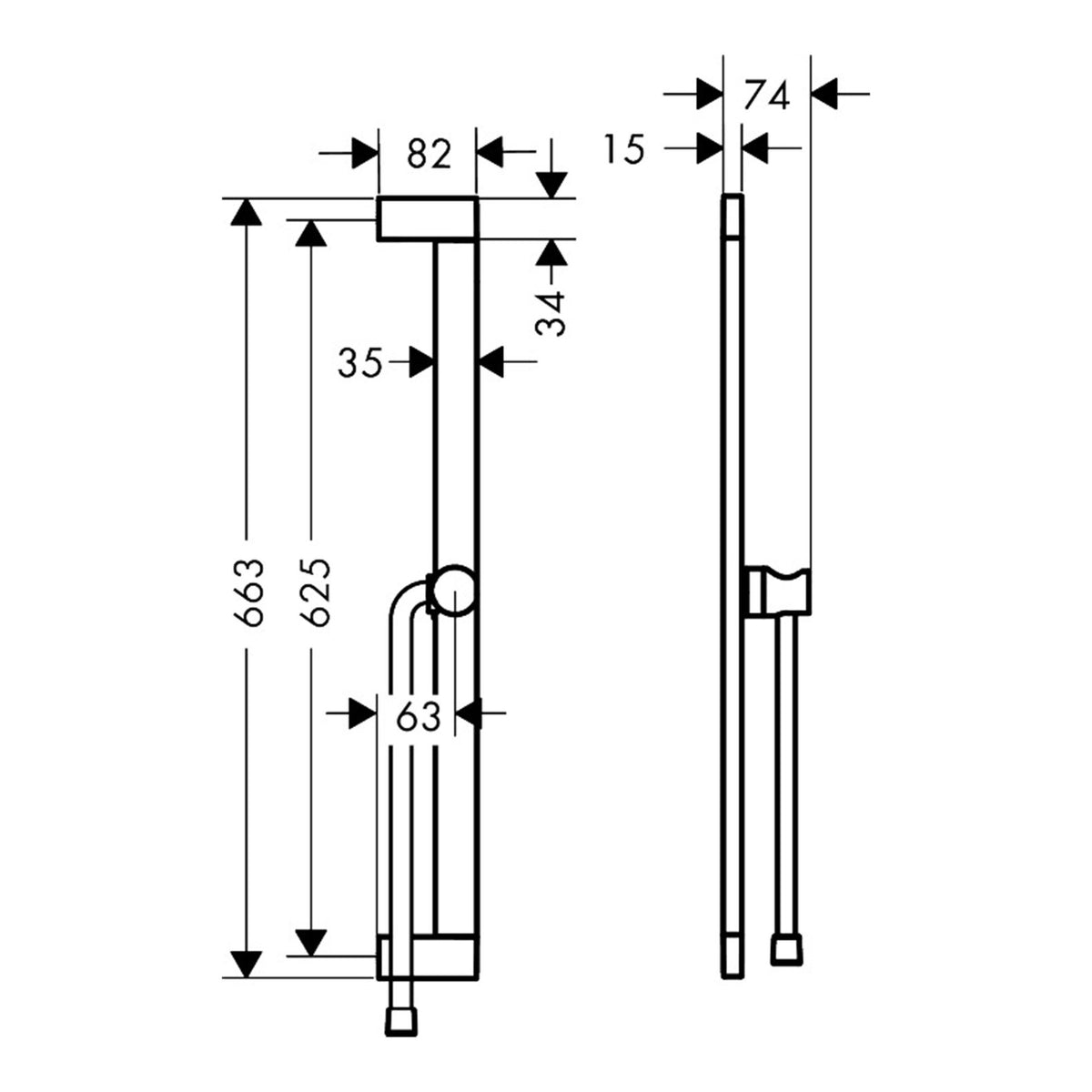 Hansgrohe Unica Shower bar S Puro 65 cm with easy slide hand shower holder and Isiflex shower hose 160 cm 24402140 technical 01.jpg