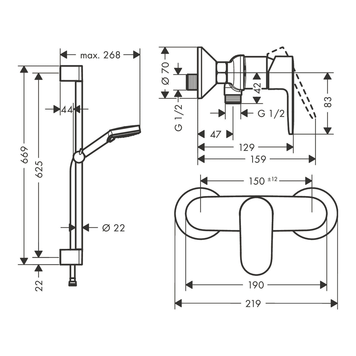 Hansgrohe Vernis Blend Shower system for exposed installation 100 Vario EcoSmart with single lever shower mixer and shower bar Crometta 65 cm 26957000 technical 01.jpg