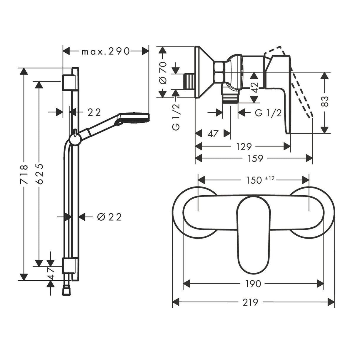 Hansgrohe Vernis Blend Shower system for exposed installation 100 Vario EcoSmart with single lever shower mixer and shower bar S Puro 65 cm 26958670 technical 01.jpg