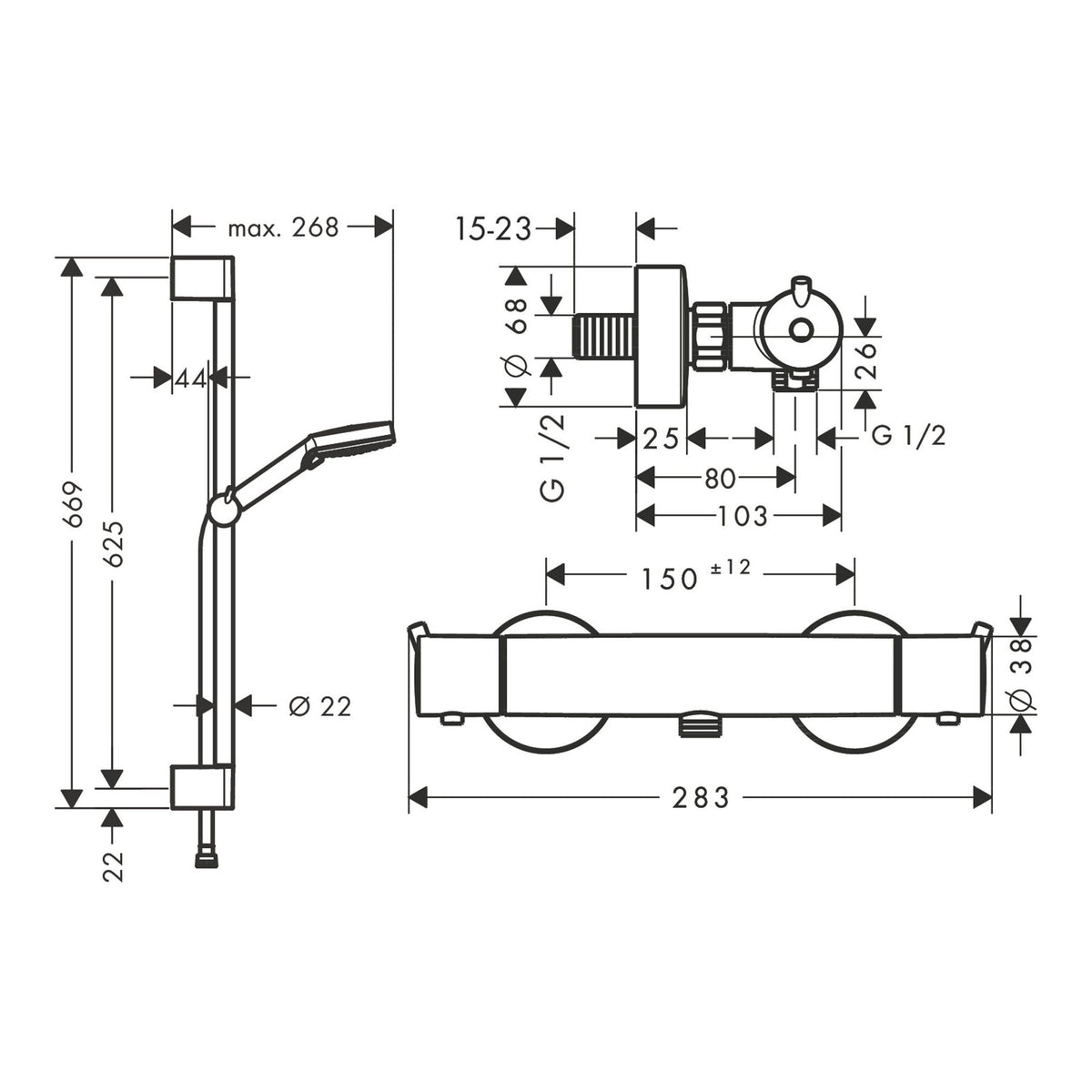 Hansgrohe Vernis Blend Shower system for exposed installation 100 Vario EcoSmart with thermostat Ecostat S and shower bar Crometta 65 cm 26960000 technical 01.jpg
