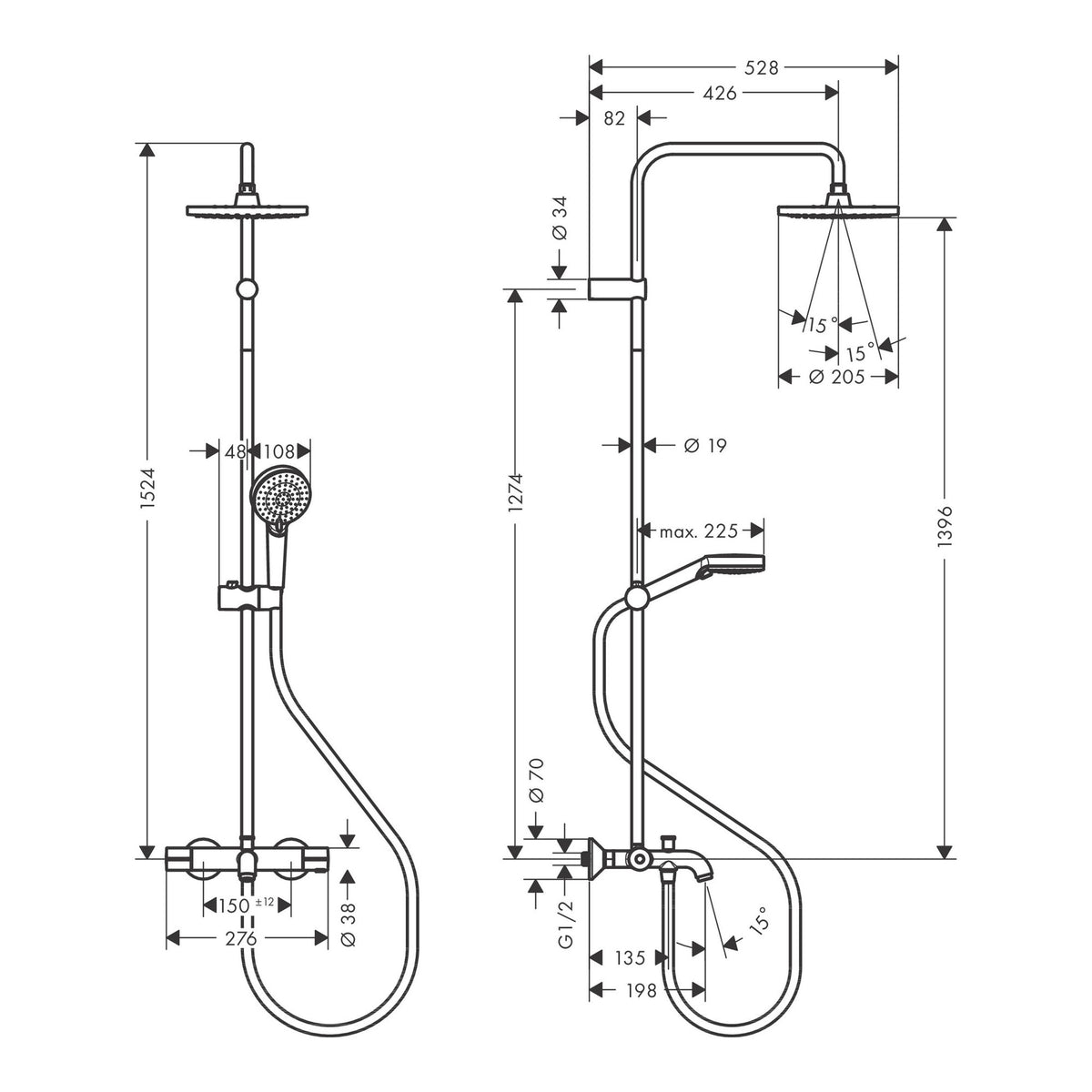 Hansgrohe Vernis Blend Showerpipe 200 1jet with bath thermostat 26274000 technical 01.jpg