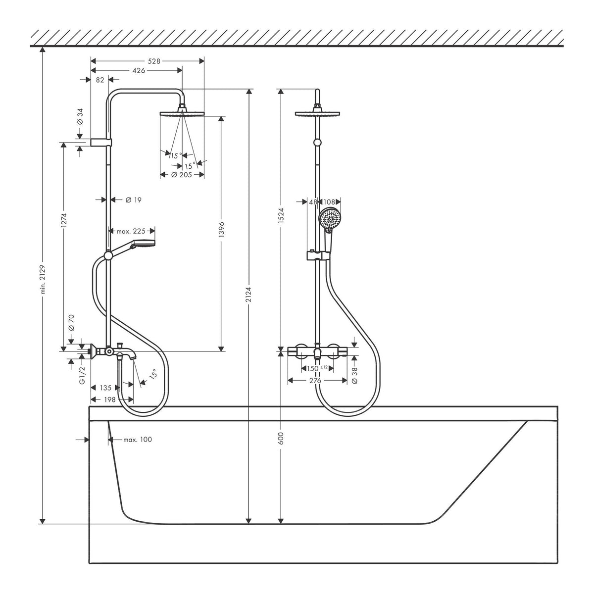 Hansgrohe Vernis Blend Showerpipe 200 1jet with bath thermostat 26274000 technical 02.jpg
