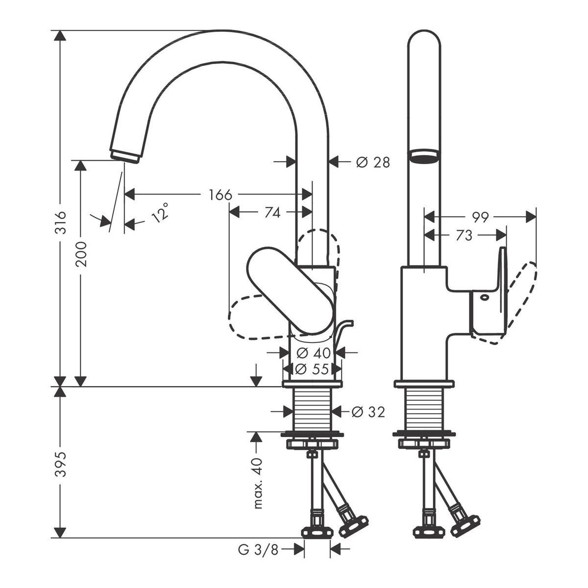 Hansgrohe Vernis Blend Single lever basin mixer with swivel spout and pop up waste set 71554000 technical 01.jpg
