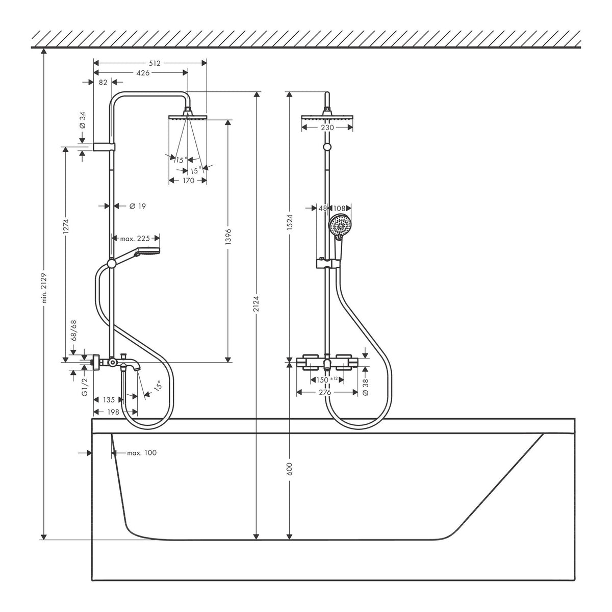 Hansgrohe Vernis Shape Showerpipe 230 1jet EcoSmart with bath thermostat 26098000 technical 02.jpg