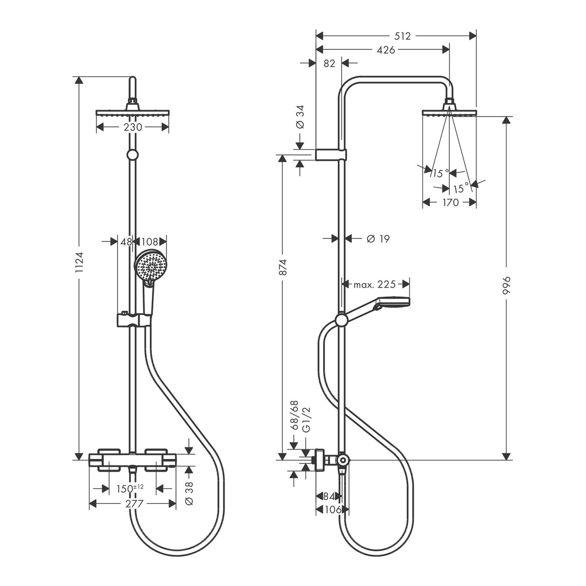 Hansgrohe Vernis Shape Showerpipe 230 1jet EcoSmart with thermostat 26097000 technical 01.jpg