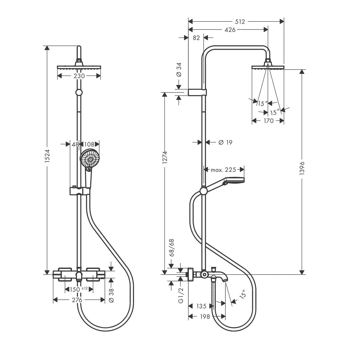 Hansgrohe Vernis Shape Showerpipe 230 1jet with bath thermostat 26284000 technical 01.jpg