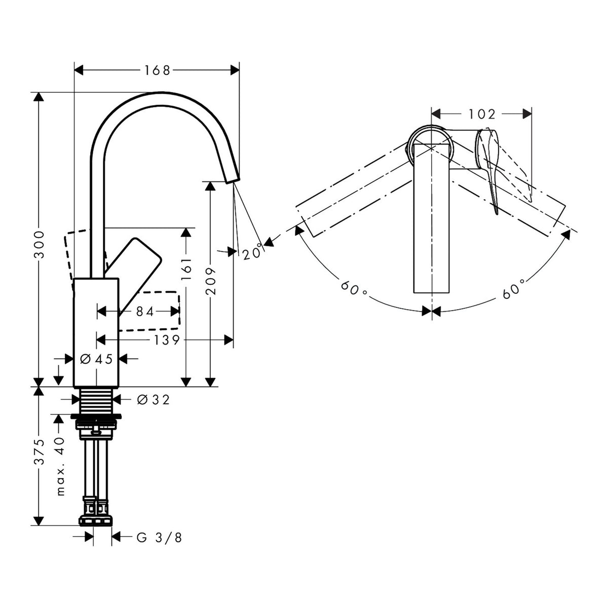 Hansgrohe Vivenis Single lever basin mixer 210 with swivel spout without waste set 75032000 technical 01.jpg