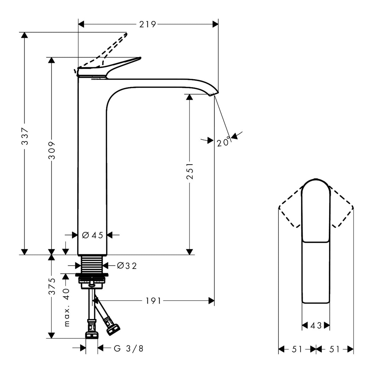 Hansgrohe Vivenis Single lever basin mixer 250 for wash bowls without waste set 75042000 technical 02.jpg