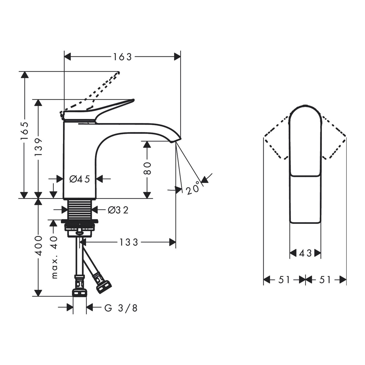 Hansgrohe Vivenis Single lever basin mixer 80 without waste set 75012000 technical 01.jpg