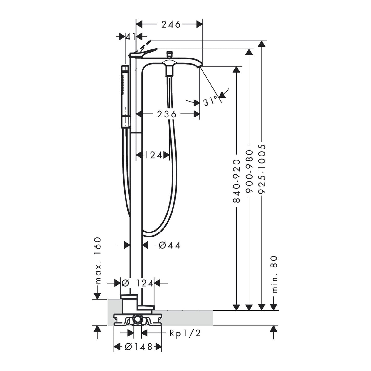 Hansgrohe Vivenis Single lever bath mixer floor standing 75445140 technical 01.jpg