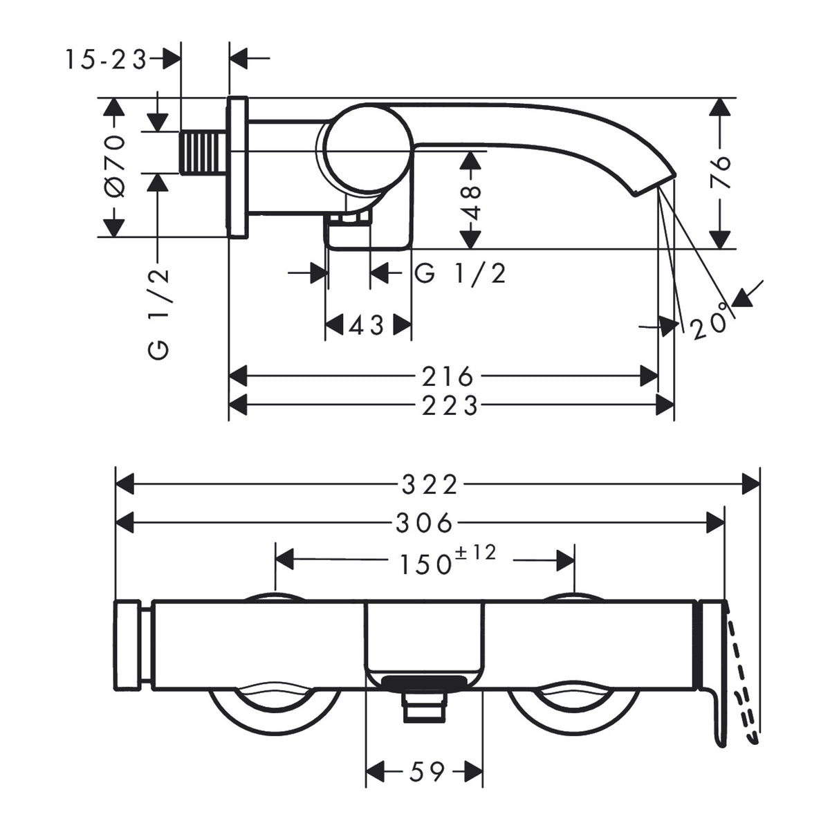 Hansgrohe Vivenis Single lever bath mixer for exposed installation Scale drawing / שרטוט מידות