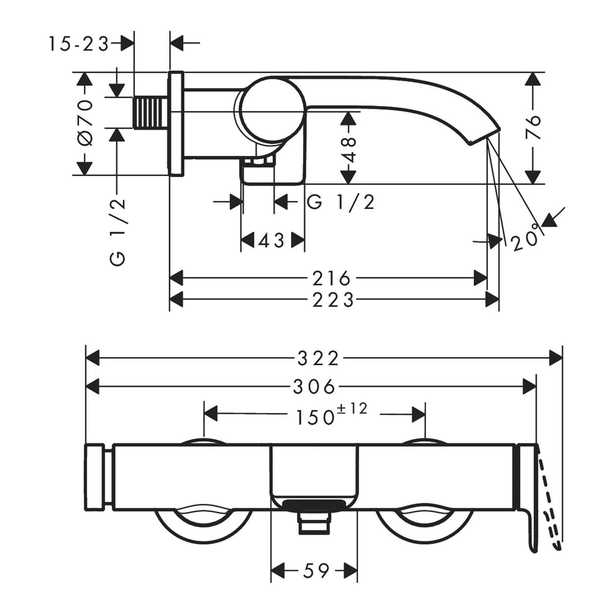 Hansgrohe Vivenis Single lever bath mixer for exposed installation 75420140 technical 01.jpg