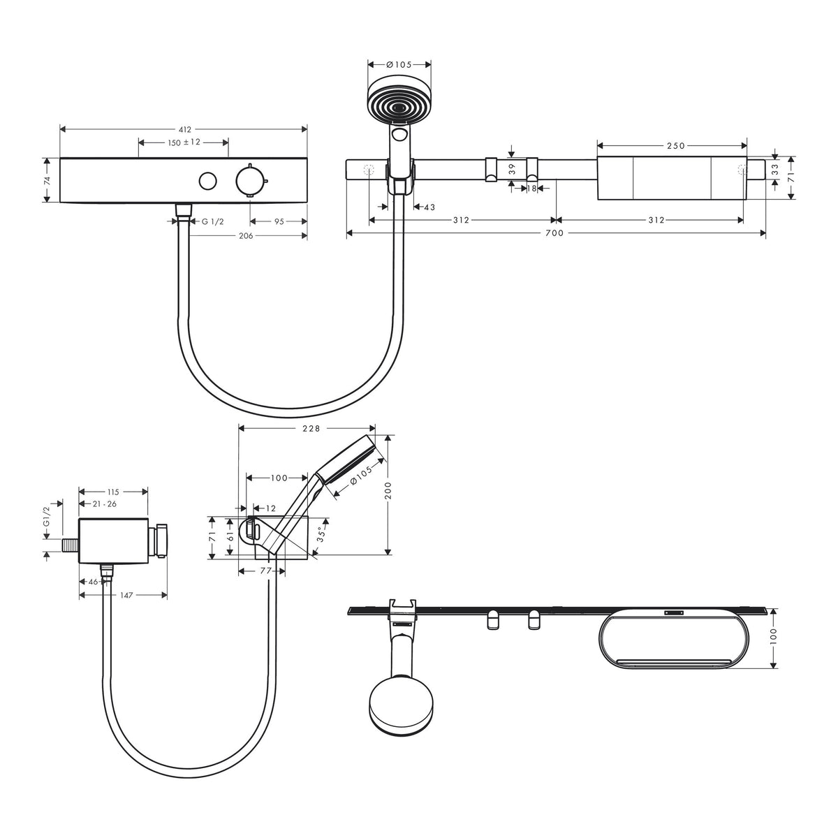 Hansgrohe WallStoris Bundle hand shower 105 3jet Activation EcoSmart thermostat wall bar 70 cm and storage set 24250700 technical 02.jpg