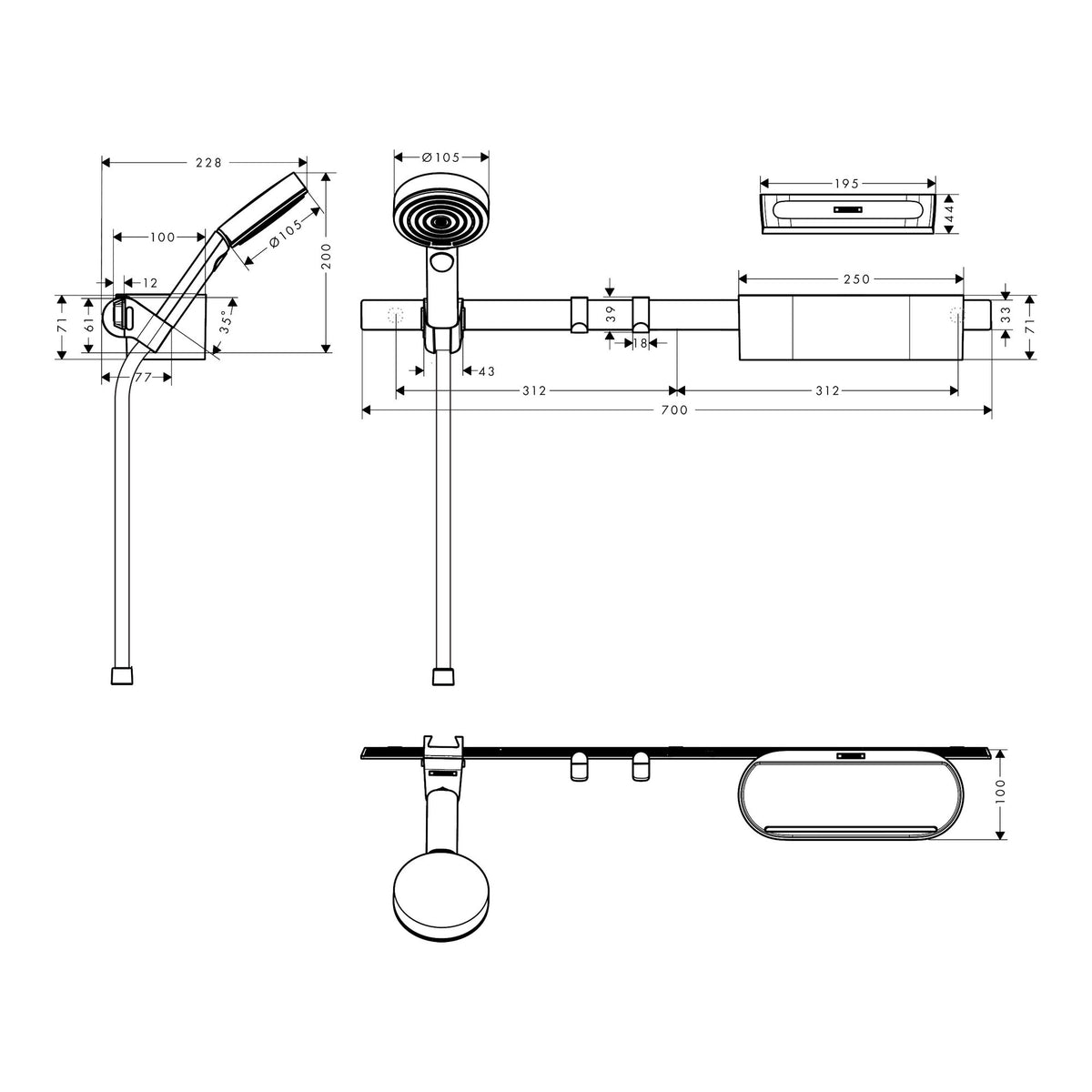 Hansgrohe WallStoris Bundle hand shower 105 3jet Activation EcoSmart wall bar 70 cm and storage set 24291700 technical 02.jpg