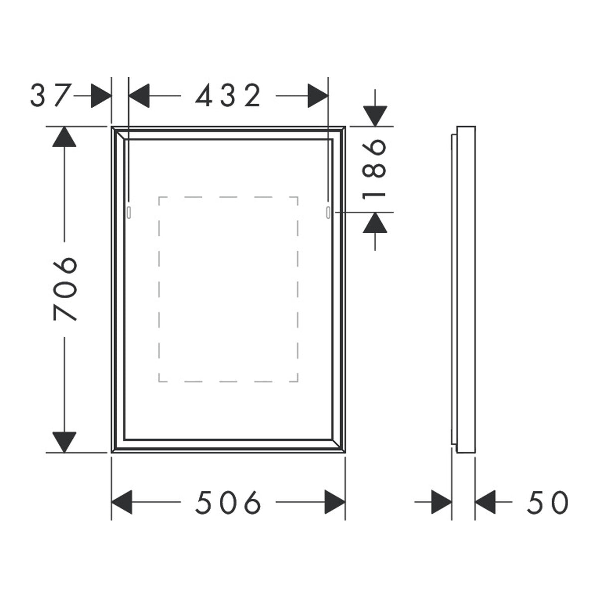 Hansgrohe Xarita E Mirror with LED lights 500/50 IR Sensor Scale drawing / שרטוט מידות