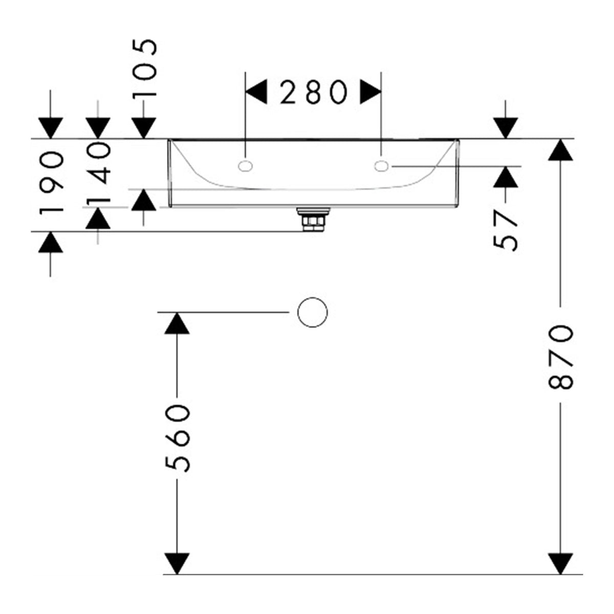 Hansgrohe Xevolos E Countertop basin ground 600 480 without tap hole and overflow SmartClean 61095450 technical 02.jpg