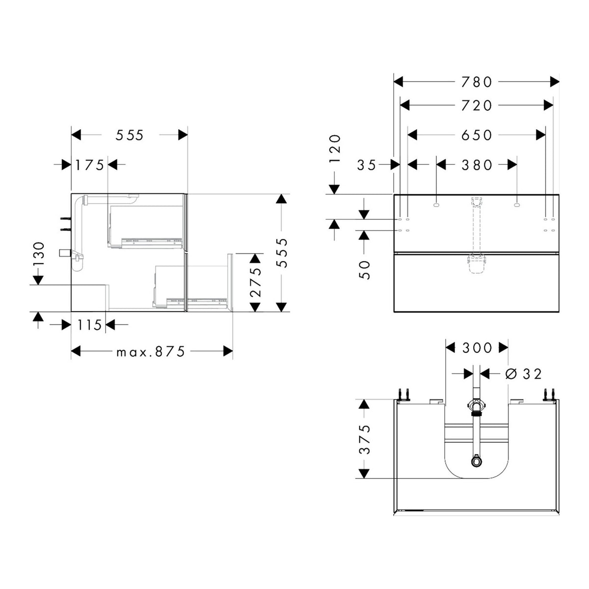 Hansgrohe Xevolos E Vanity unit Slate Matt Grey 780 550 with 2 drawers for console with cutout middle 54189390 technical 01.jpg
