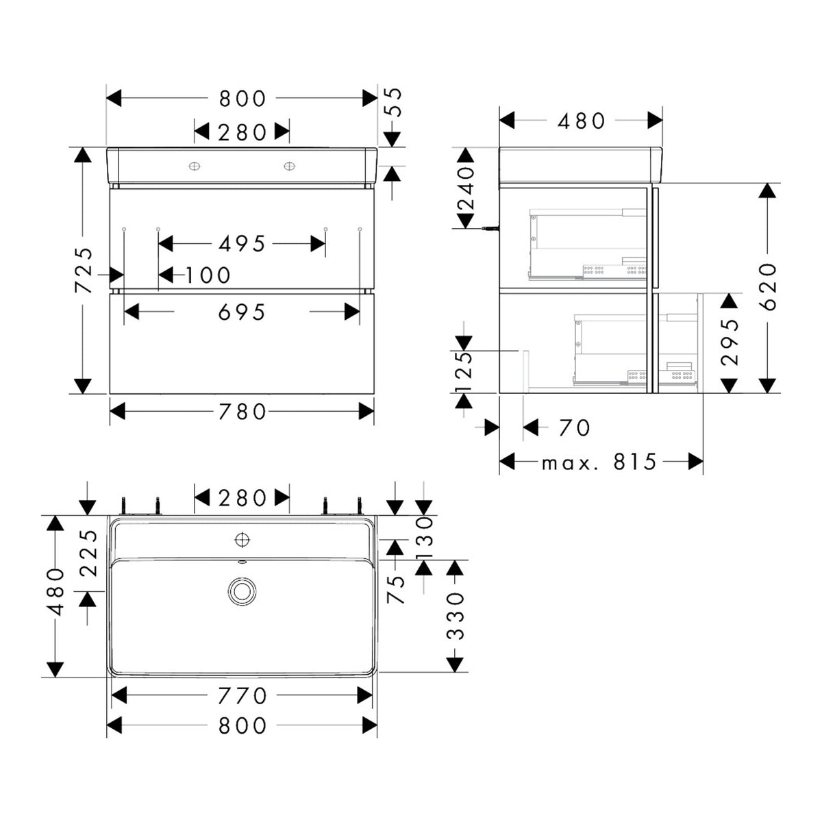 Hansgrohe Xilesa E Vanity unit set 780/470 with 2 drawers with Xanuia Q wash basin Scale drawing / שרטוט מידות