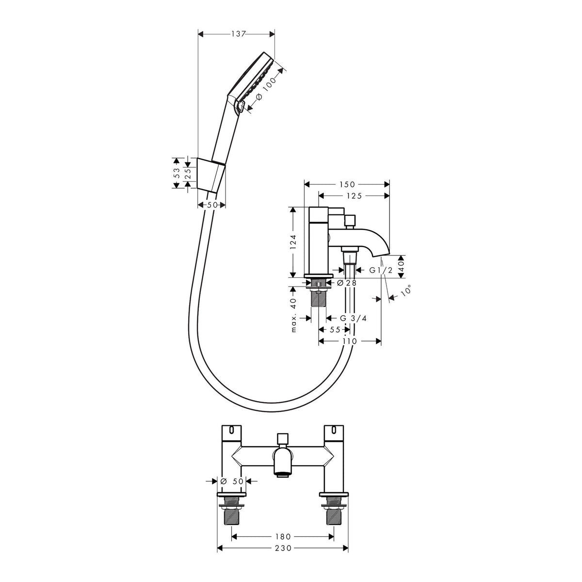 Hansgrohe Zesis S 2 hole rim mounted bath mixer with diverter valve and Vernis Blend hand shower Vario 74424000 technical 01.jpg
