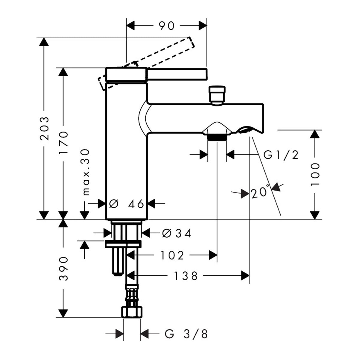 Hansgrohe Zesis S Single lever bath and shower mixer Monotrou 74430670 technical 01.jpg