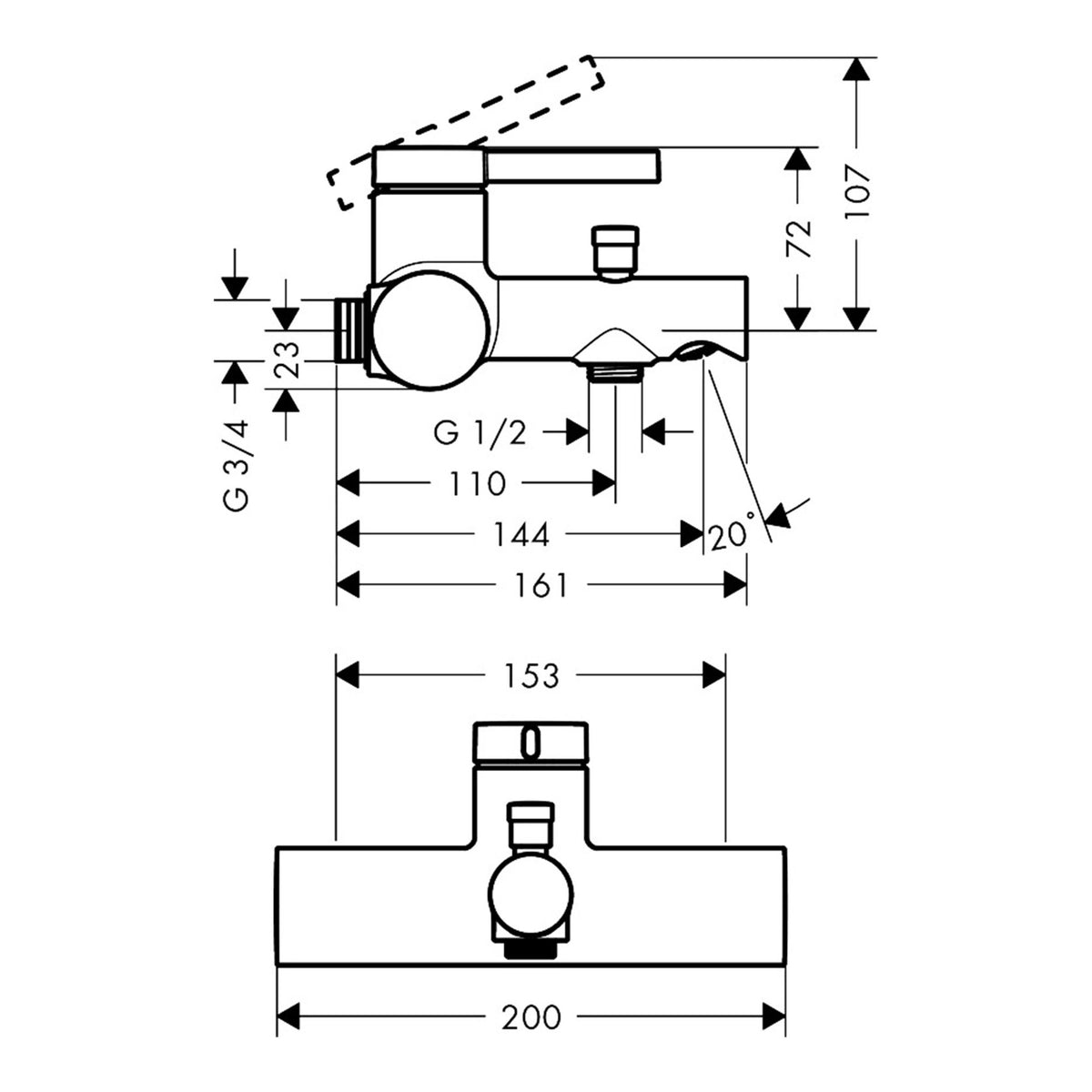 Hansgrohe Zesis S Single lever bath mixer for exposed installation with centre distance 15 3 cm 74421670 technical 01.jpg