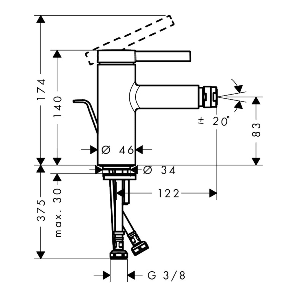 Hansgrohe Zesis S Single lever bidet mixer with pop up waste set 74200000 technical 01.jpg